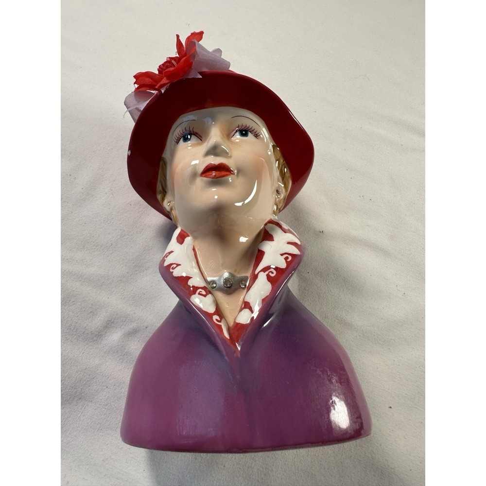 Lefton Red Hat Lady Head Vase 2003 Hand Painted Porcelain Rhinestone Necklace - Picture 14 of 14
